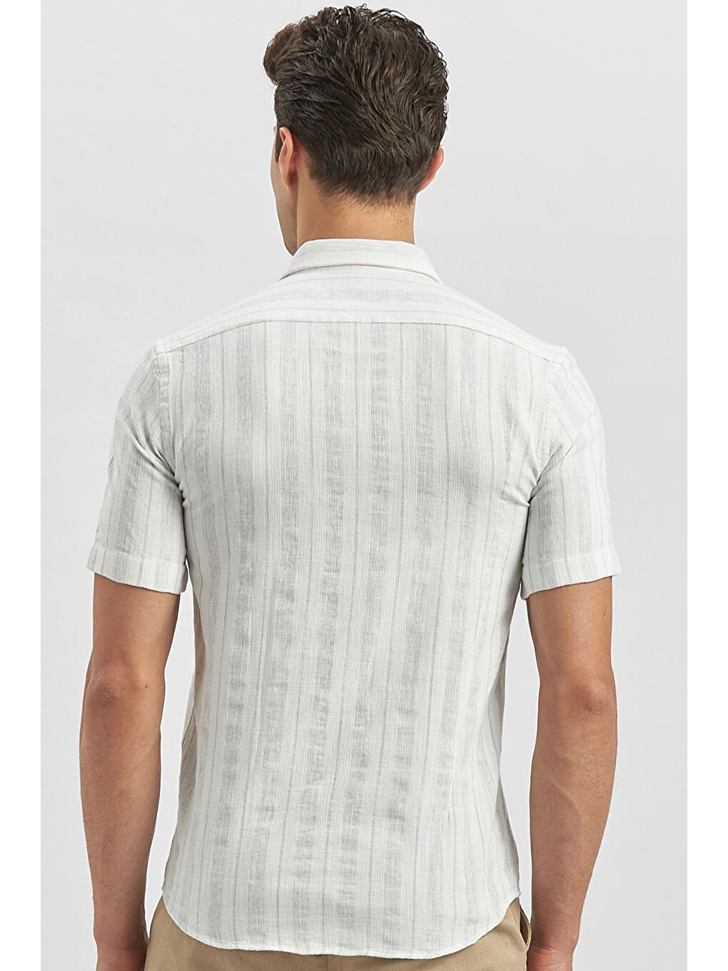 Bej Kısa Kollu Çizgili Armürlü Pamuklu Casual Slim Fit Dar Kesim Gömlek 1004240245-4