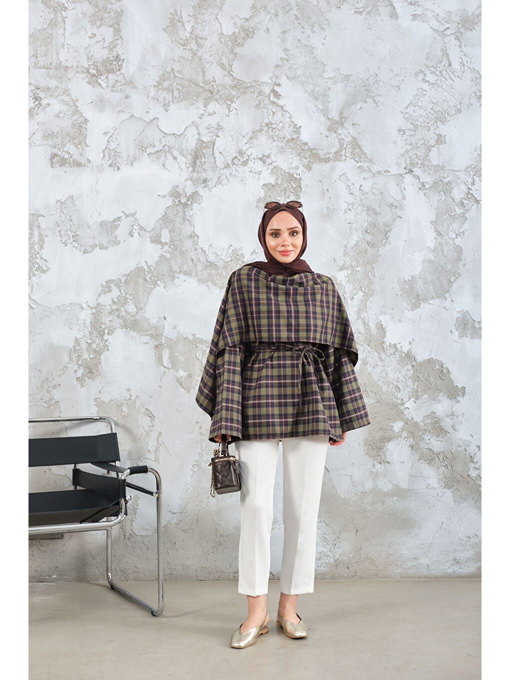 Kadın Ekose Desen Bel Bağlamalı Düğme Detay Panço Haki Yeşil-2