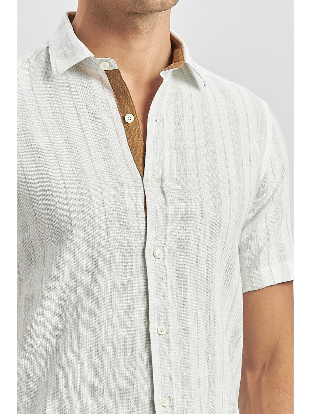 Bej Kısa Kollu Çizgili Armürlü Pamuklu Casual Slim Fit Dar Kesim Gömlek 1004240245-5