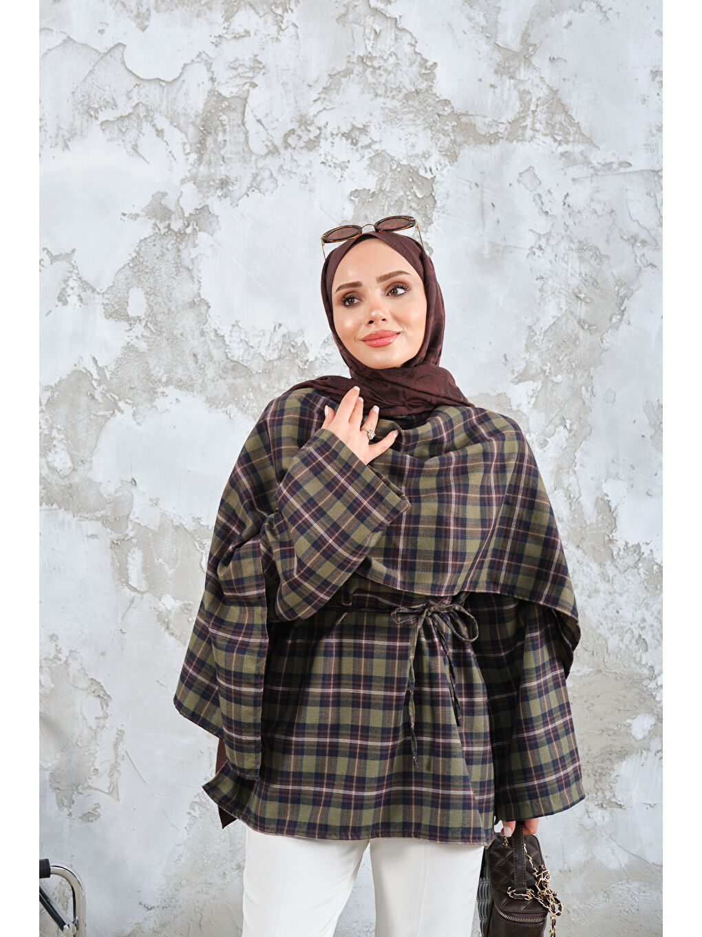 Kadın Ekose Desen Bel Bağlamalı Düğme Detay Panço Haki Yeşil-3