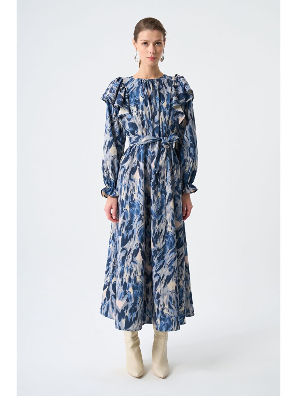 Kolu Fırfırlı Elips Mavi Elbise