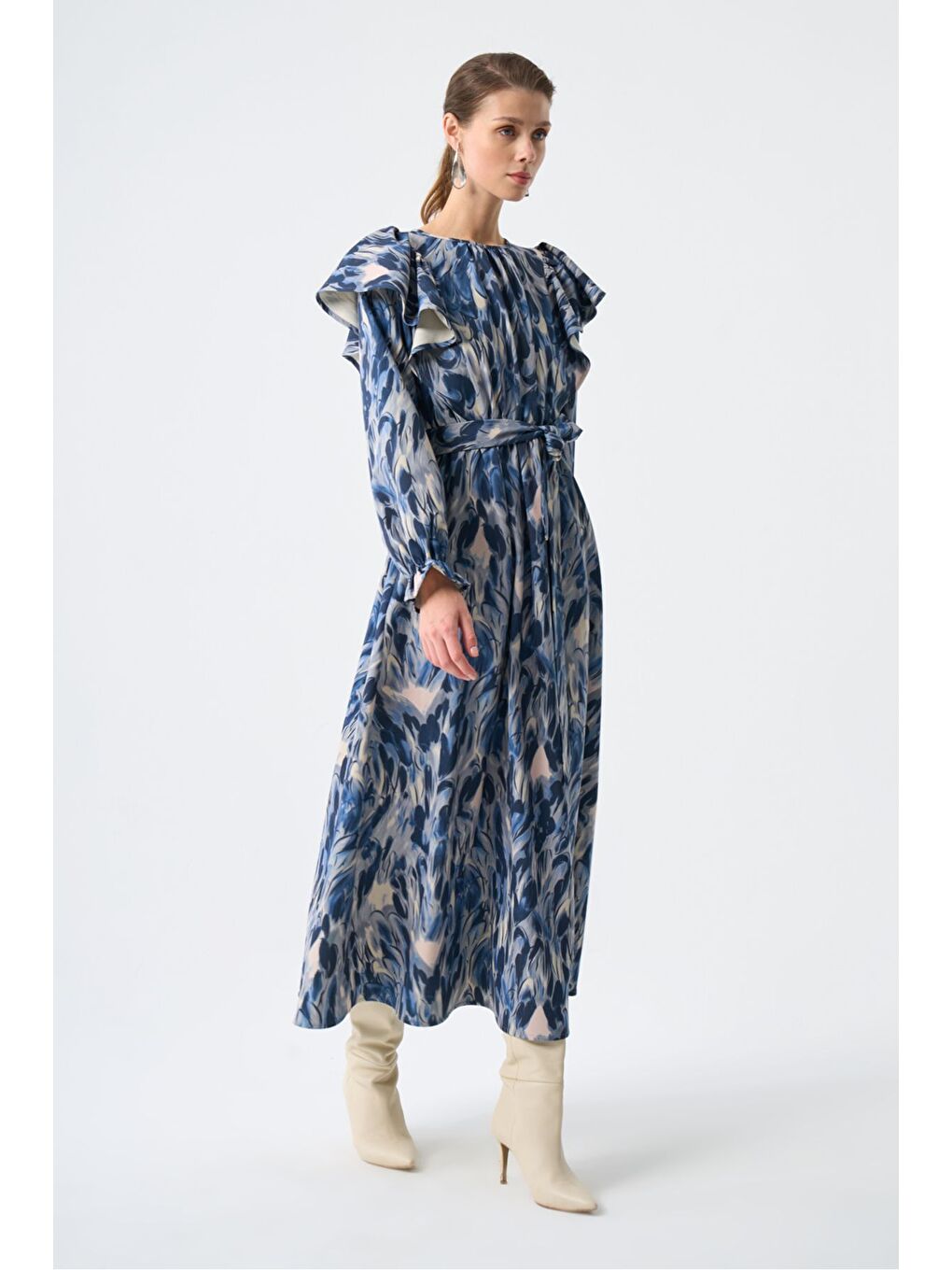 Kolu Fırfırlı Elips Mavi Elbise-1