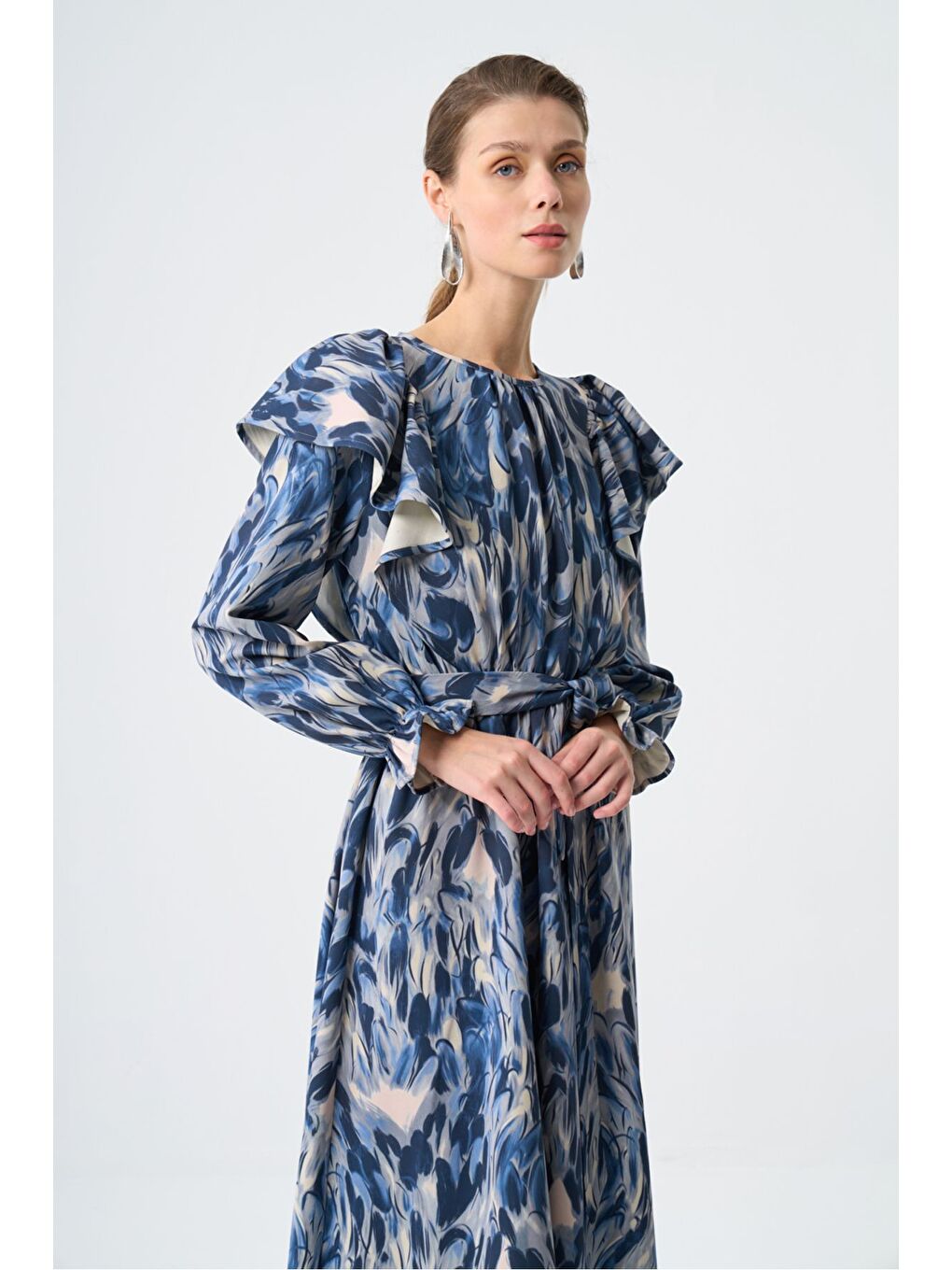 Kolu Fırfırlı Elips Mavi Elbise-2