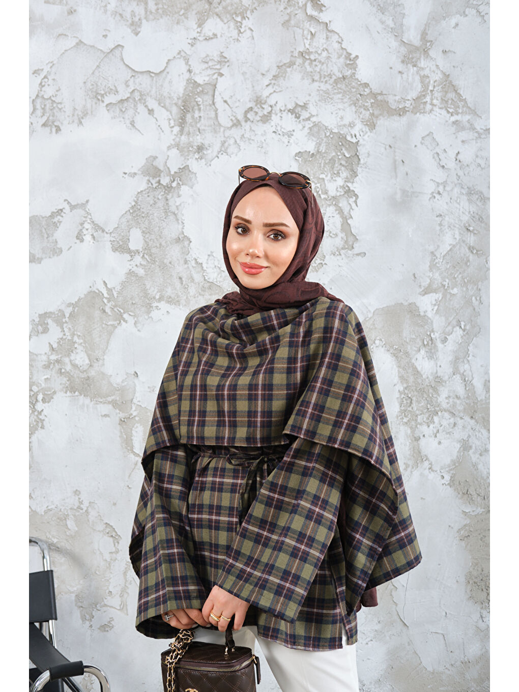 Kadın Ekose Desen Bel Bağlamalı Düğme Detay Panço Haki Yeşil-4