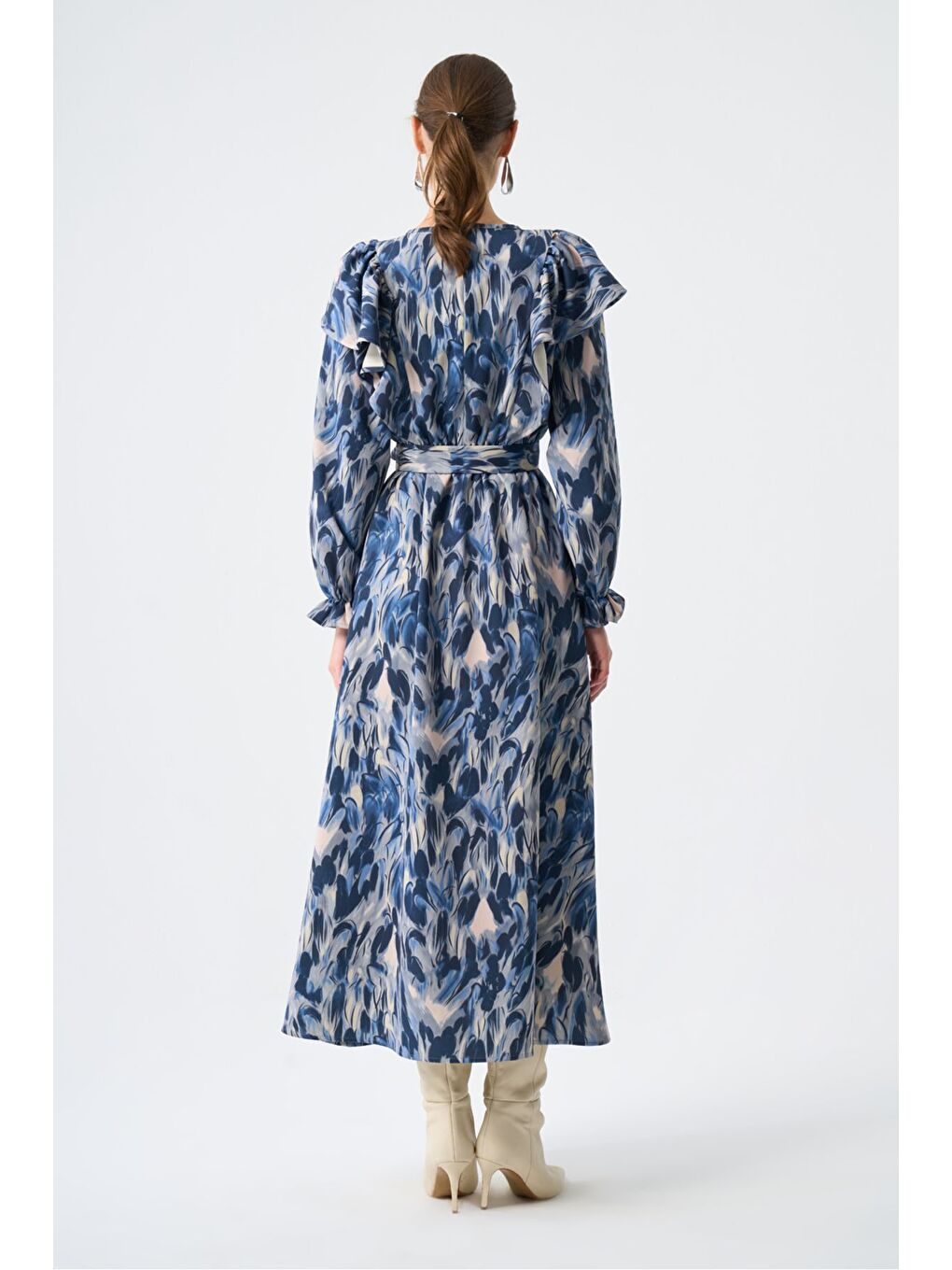 Kolu Fırfırlı Elips Mavi Elbise-3