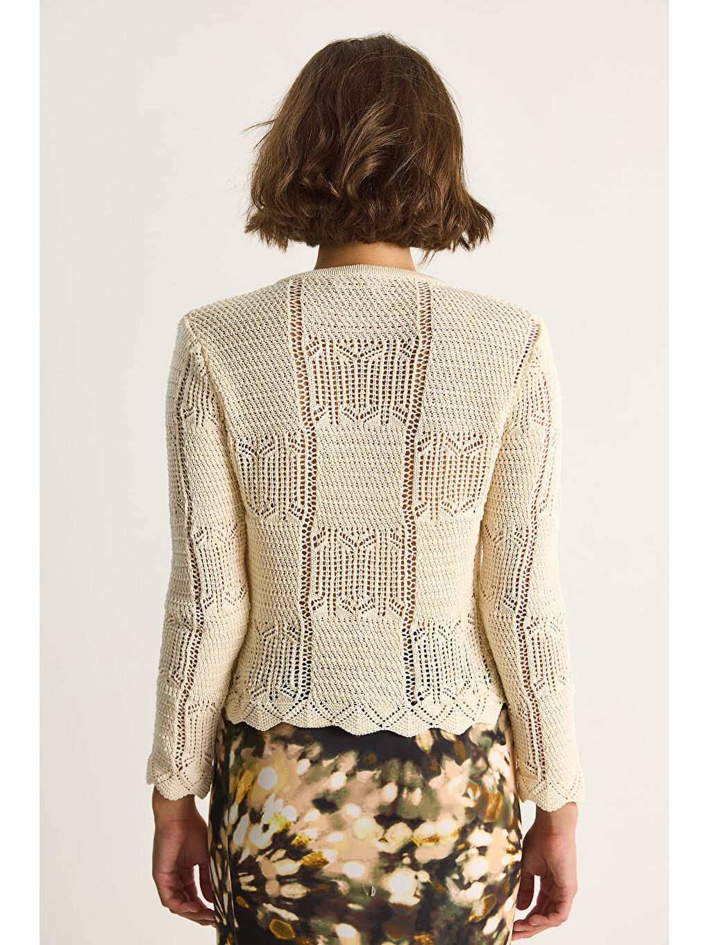 Ekru Kadın Delikli İşlemeli Triko Hırka-6