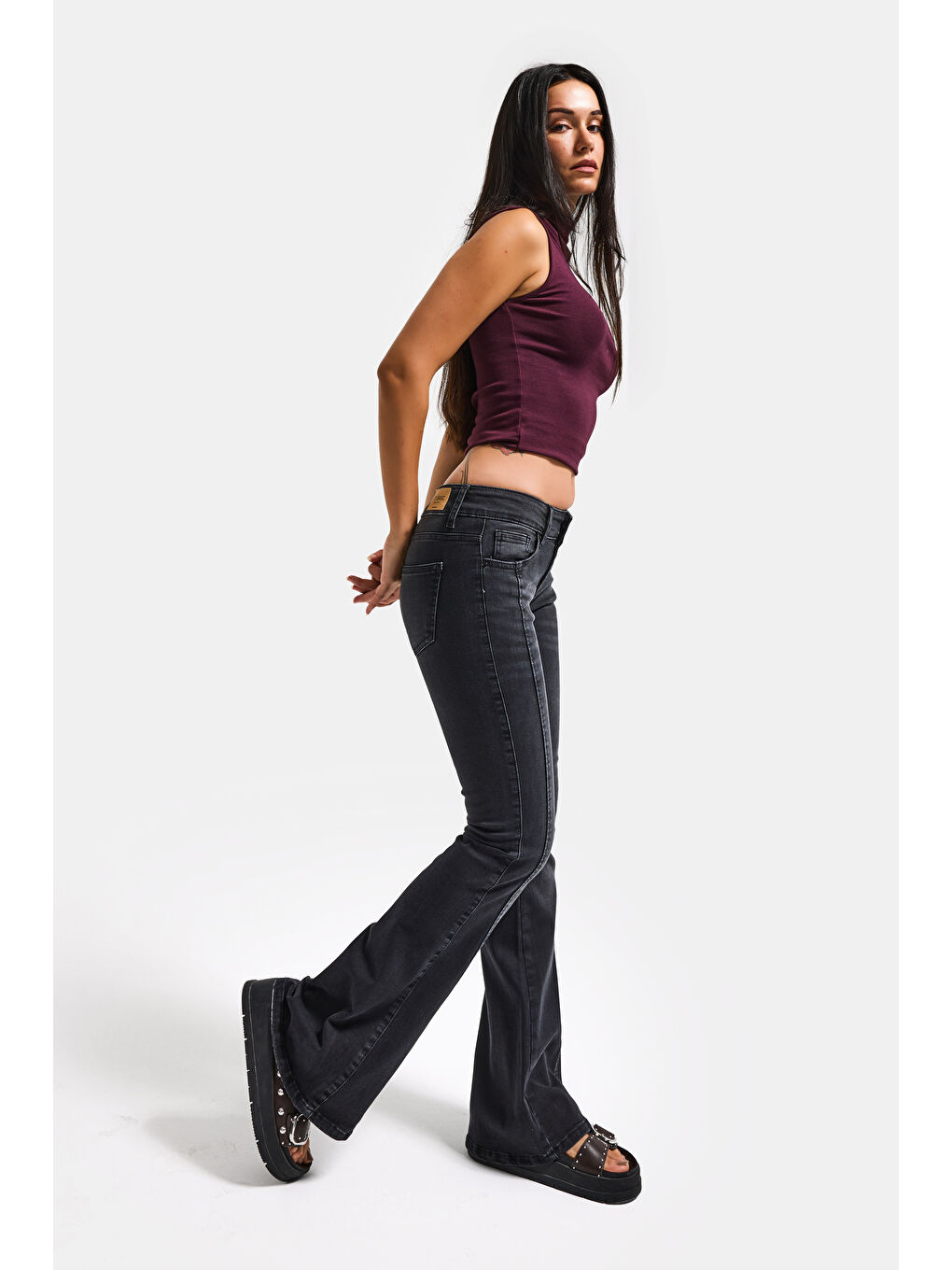 Gri Kadın Füme 2s6-1 Mid Rise Flare Fit Kemer Detaylı Esnek Kumaş Denim Jean-2