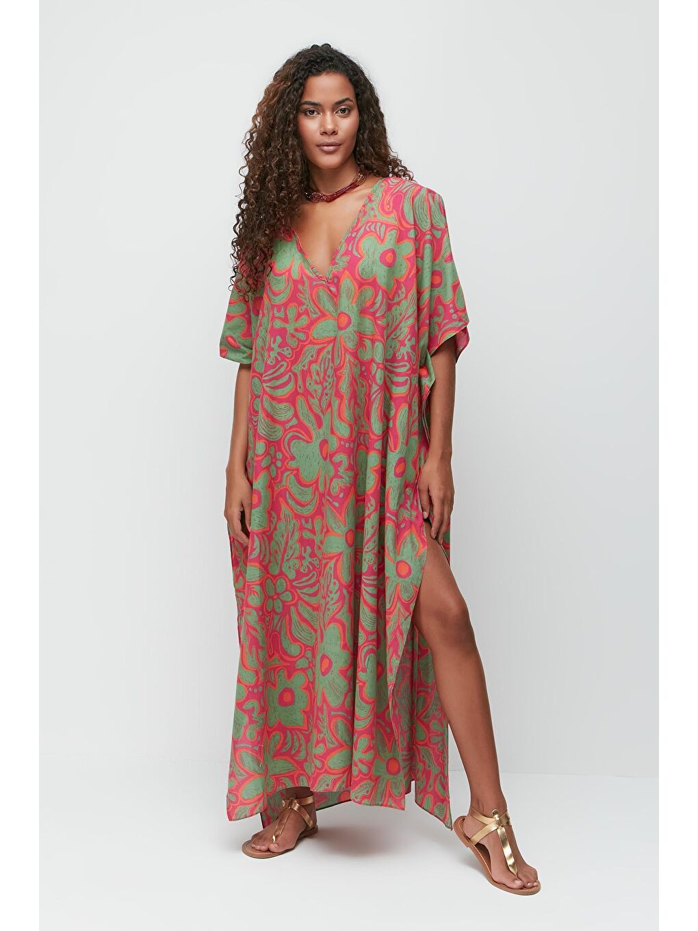 Büyük Beden Pareo Plaj Elbisesi 22330 Yeşil/Fuşya