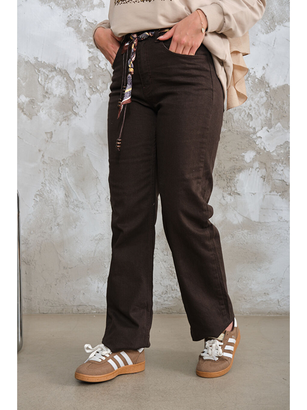 Kadın Boru Paça Fularlı Pantolon Kahverengi-1