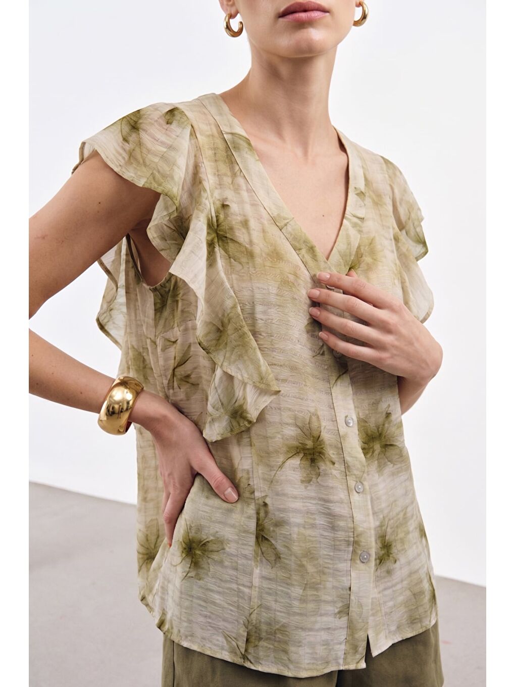 Fırfır Detaylı Gömlek - Haki-1