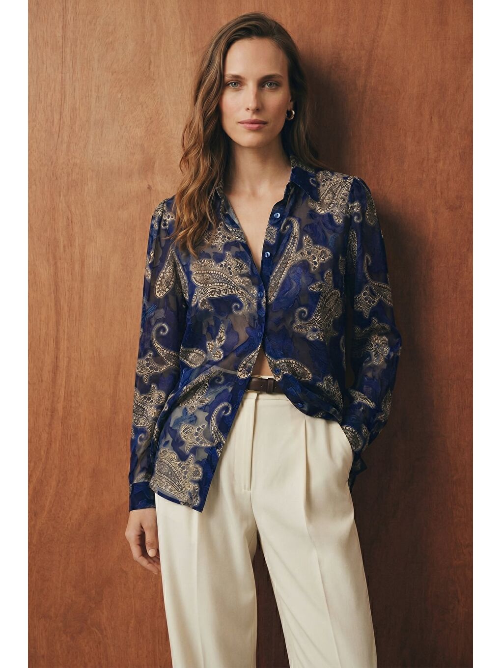 Şal Desen Kolu Büzgülü Gömlek - Lacivert