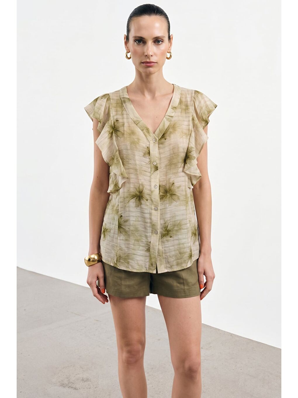 Fırfır Detaylı Gömlek - Haki-2