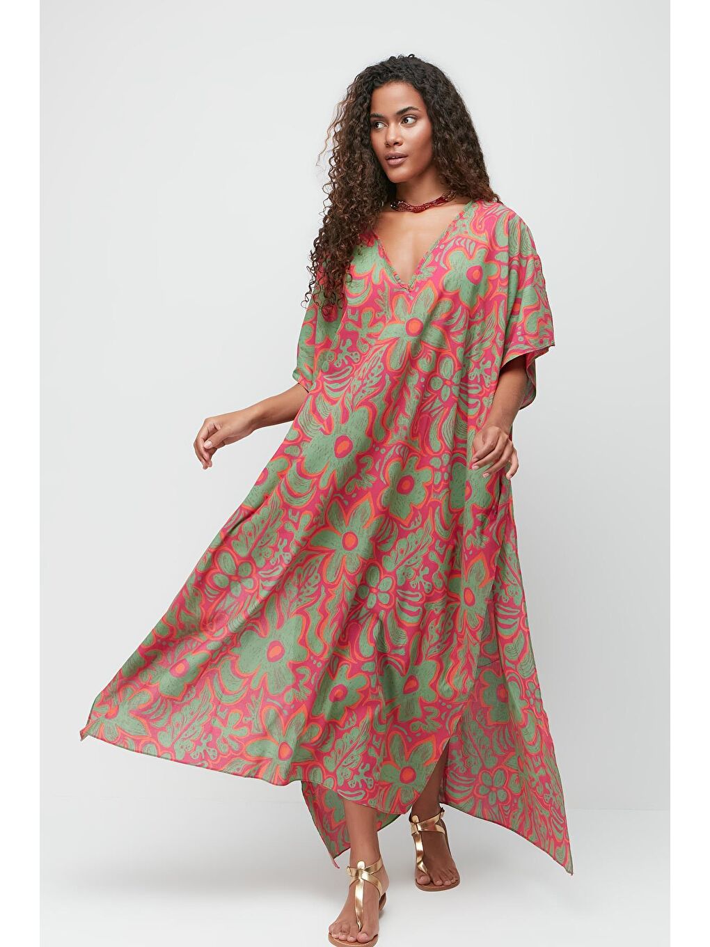 Büyük Beden Pareo Plaj Elbisesi 22330 Yeşil/Fuşya-1