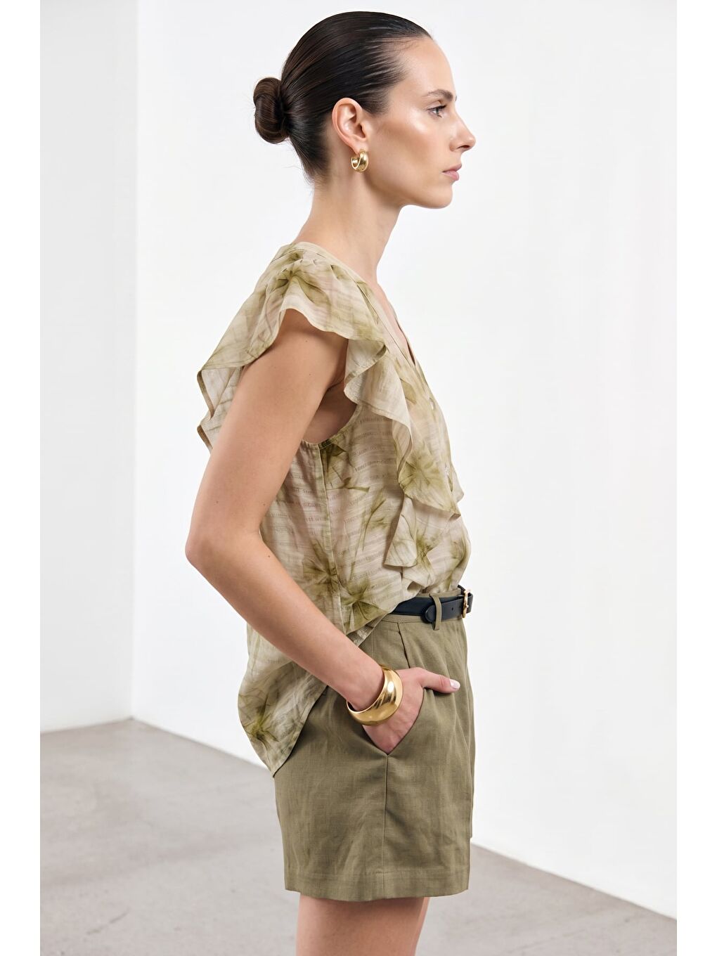 Fırfır Detaylı Gömlek - Haki-3