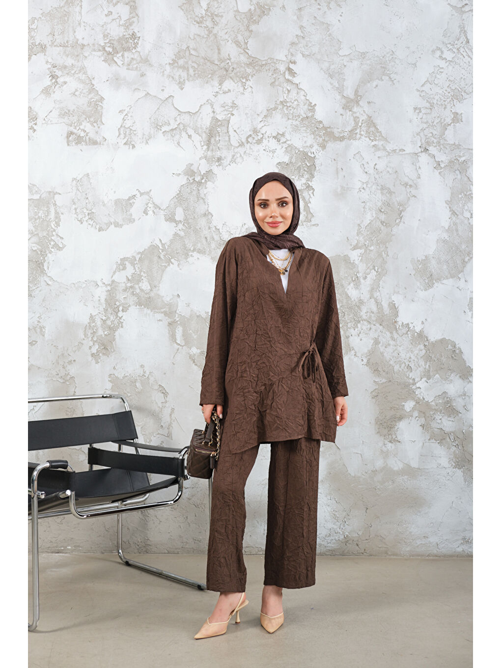 Kadın Kendinden Desenli Kimono Takım Kahverengi