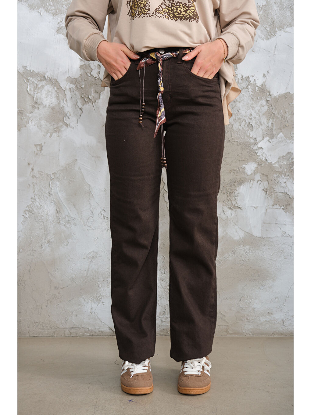 Kadın Boru Paça Fularlı Pantolon Kahverengi-2