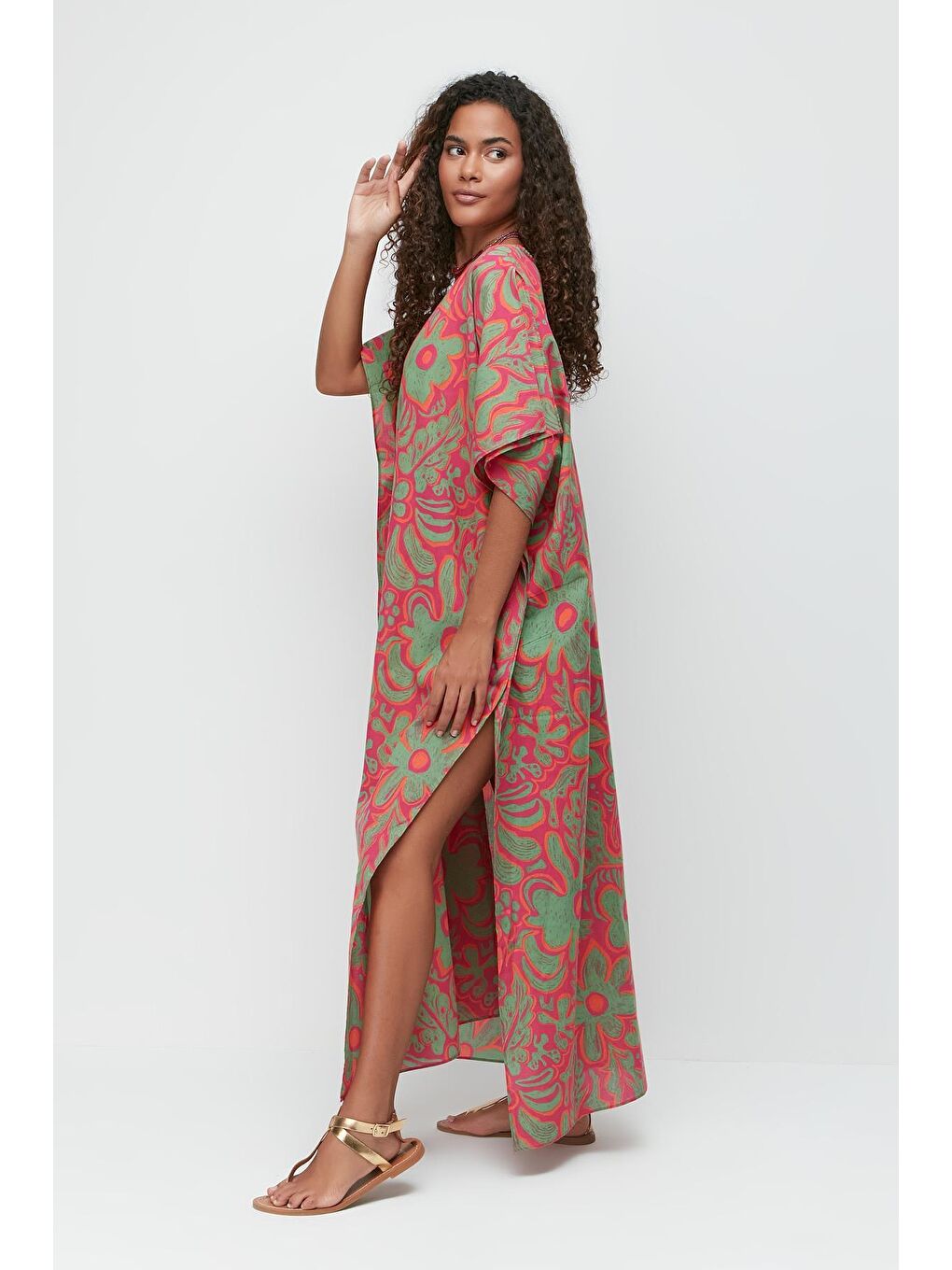 Büyük Beden Pareo Plaj Elbisesi 22330 Yeşil/Fuşya-2