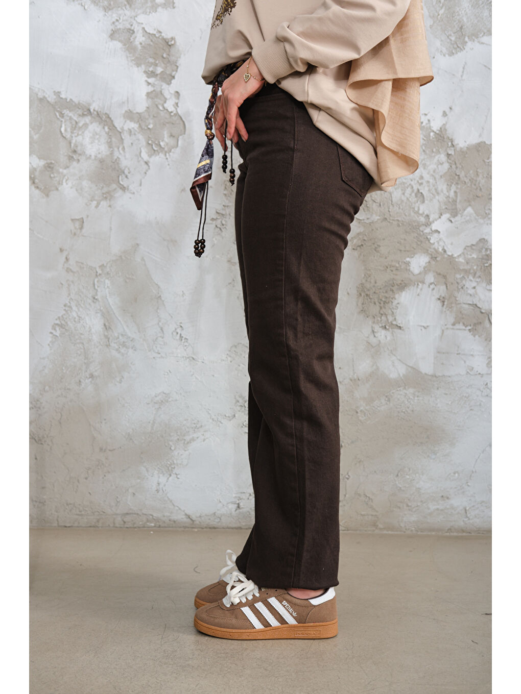 Kadın Boru Paça Fularlı Pantolon Kahverengi-3