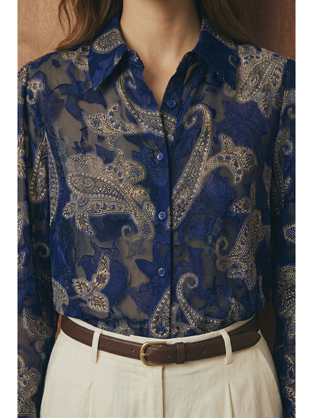 Şal Desen Kolu Büzgülü Gömlek - Lacivert-1