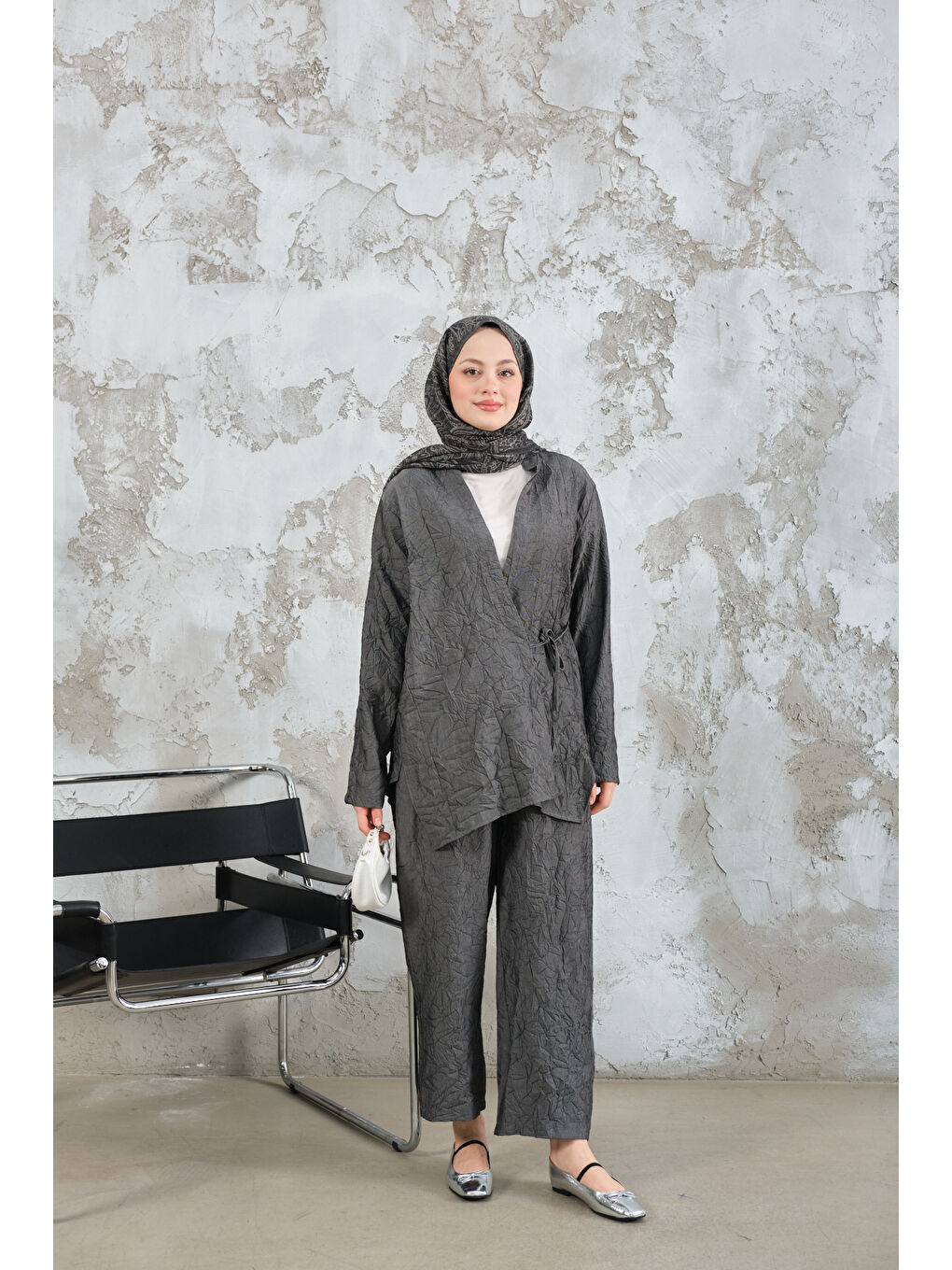 Kadın Kendinden Desenli Kimono Takım Antrasit-2