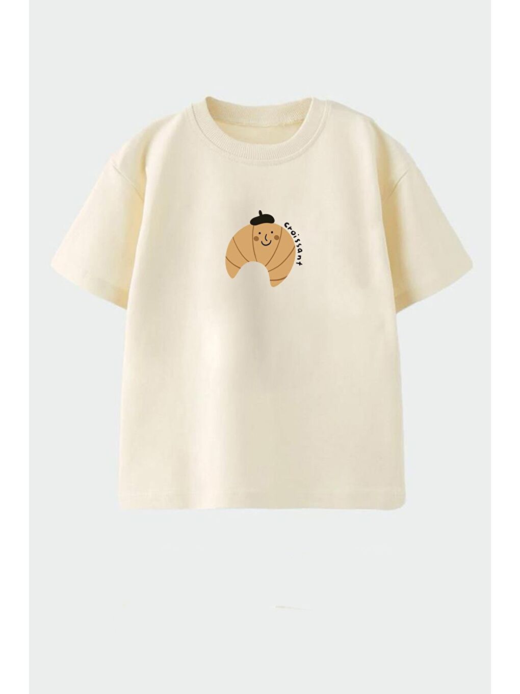 Bej Unisex Çocuk Pamuklu Bisiklet Yaka Baskılı T-Shirt