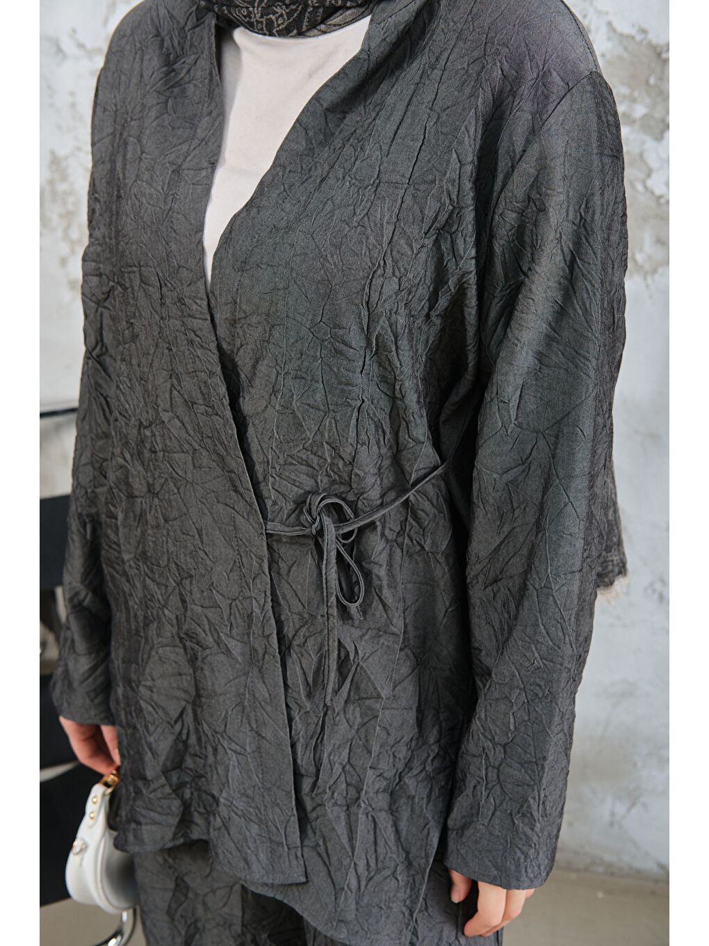 Kadın Kendinden Desenli Kimono Takım Antrasit-3