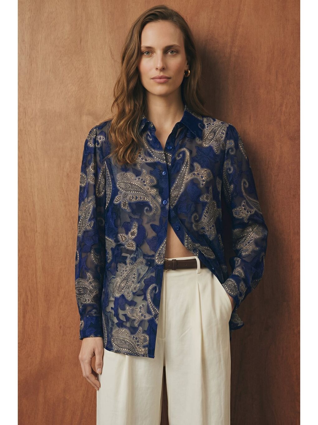 Şal Desen Kolu Büzgülü Gömlek - Lacivert-2