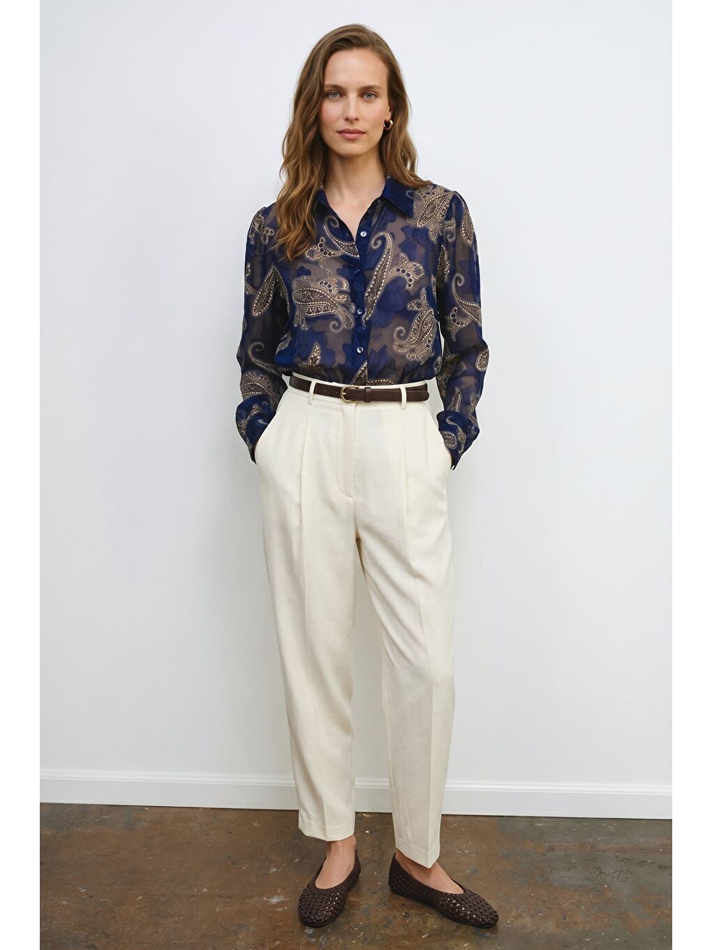 Şal Desen Kolu Büzgülü Gömlek - Lacivert-3