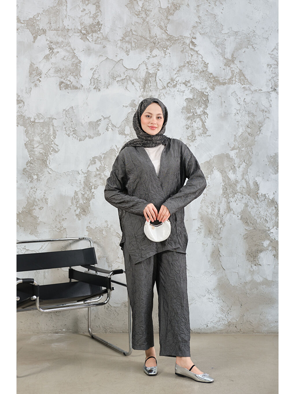 Kadın Kendinden Desenli Kimono Takım Antrasit-4