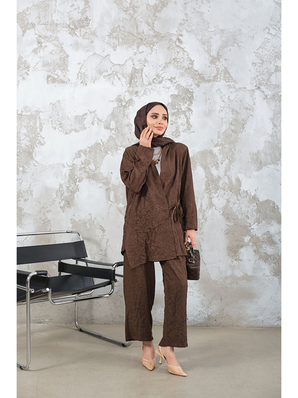 Kadın Kendinden Desenli Kimono Takım Kahverengi-2