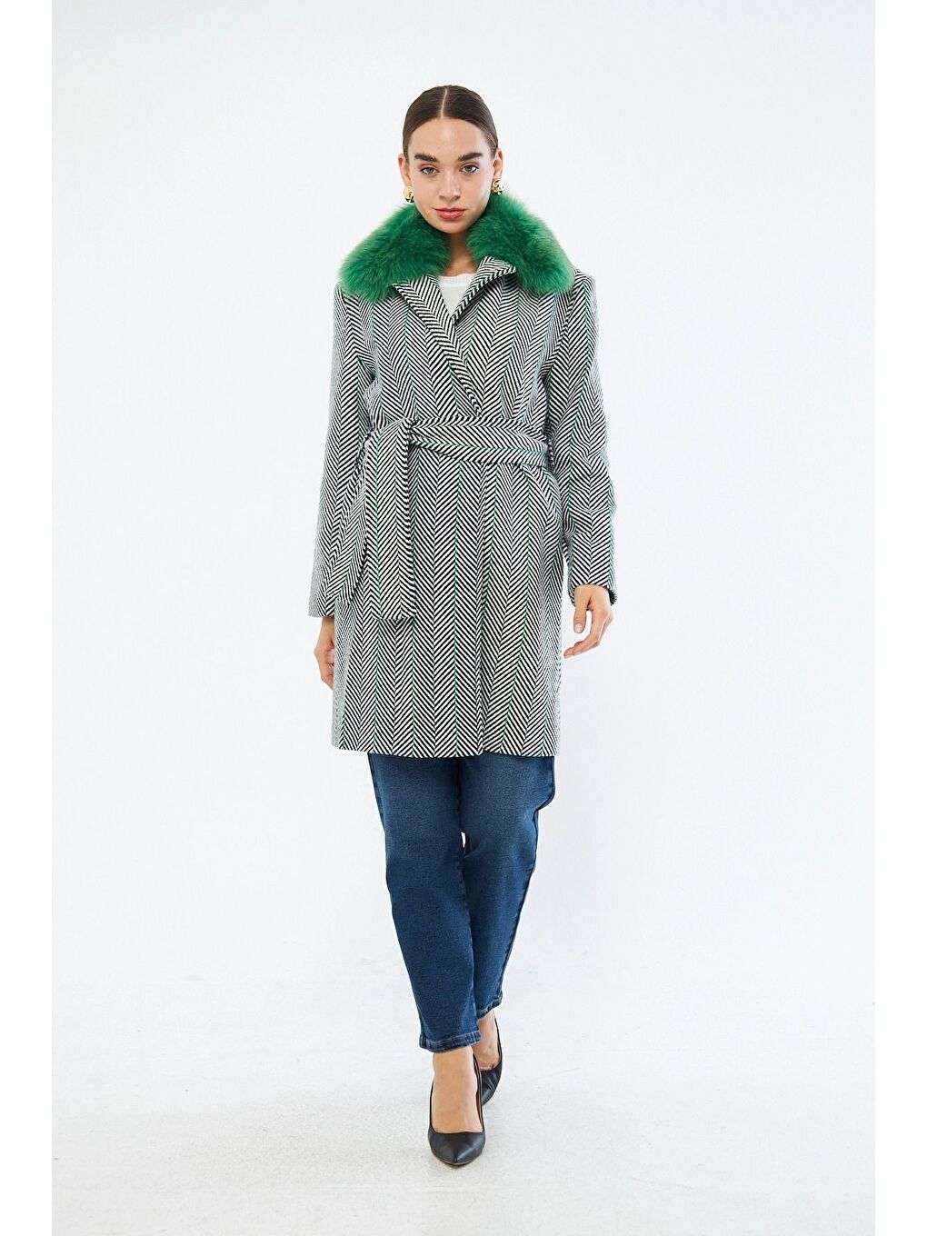 Çizgili Kürk Detaylı Yeşil Kaban