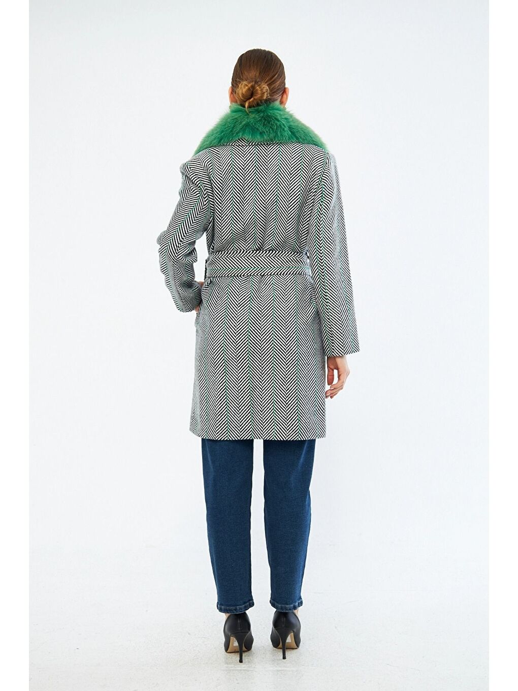 Çizgili Kürk Detaylı Yeşil Kaban-1