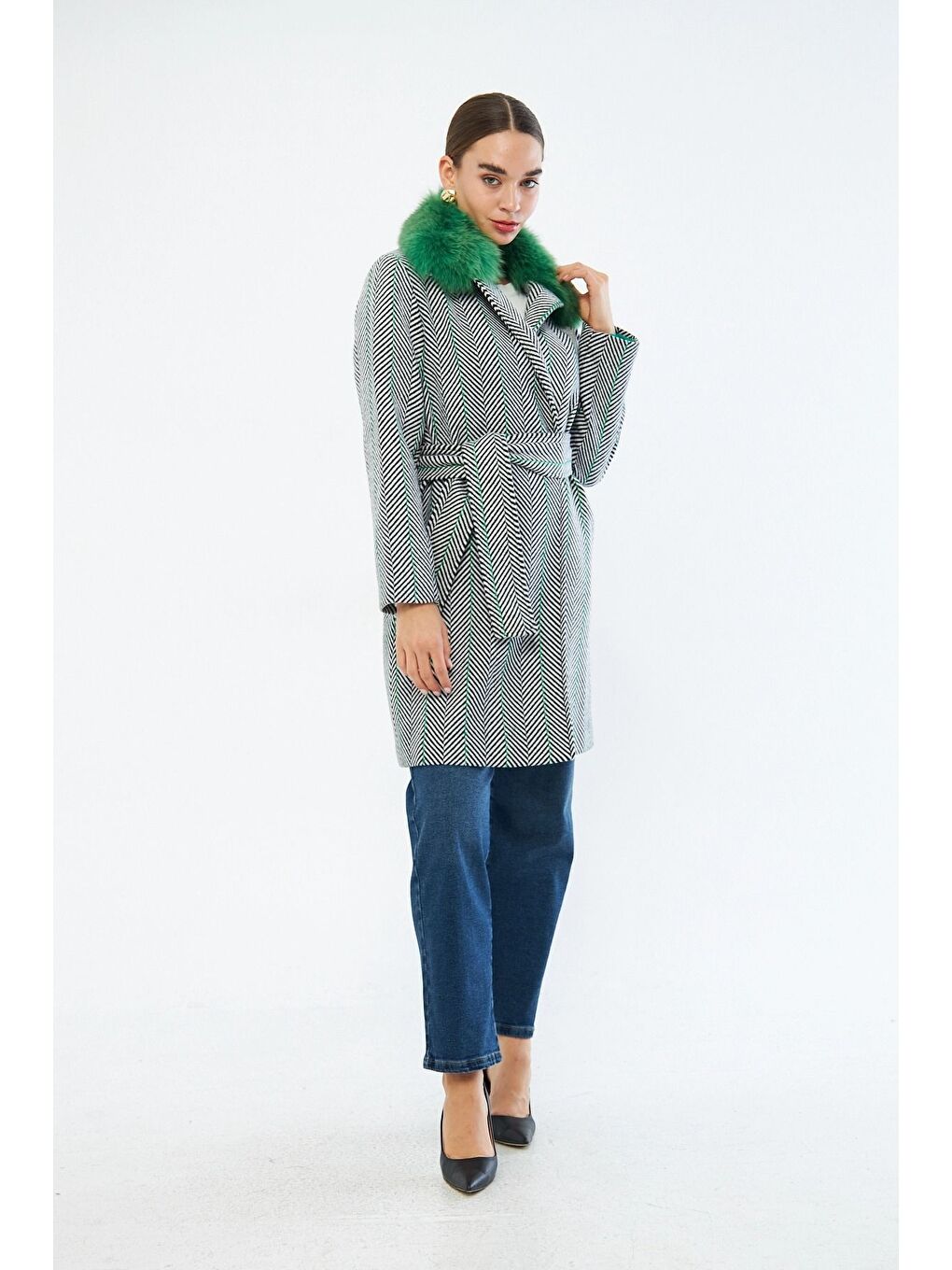 Çizgili Kürk Detaylı Yeşil Kaban-2
