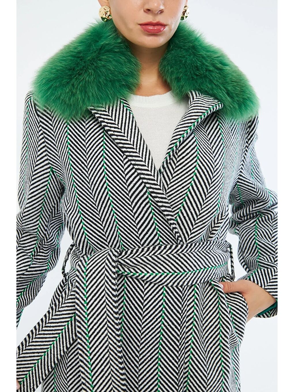 Çizgili Kürk Detaylı Yeşil Kaban-3