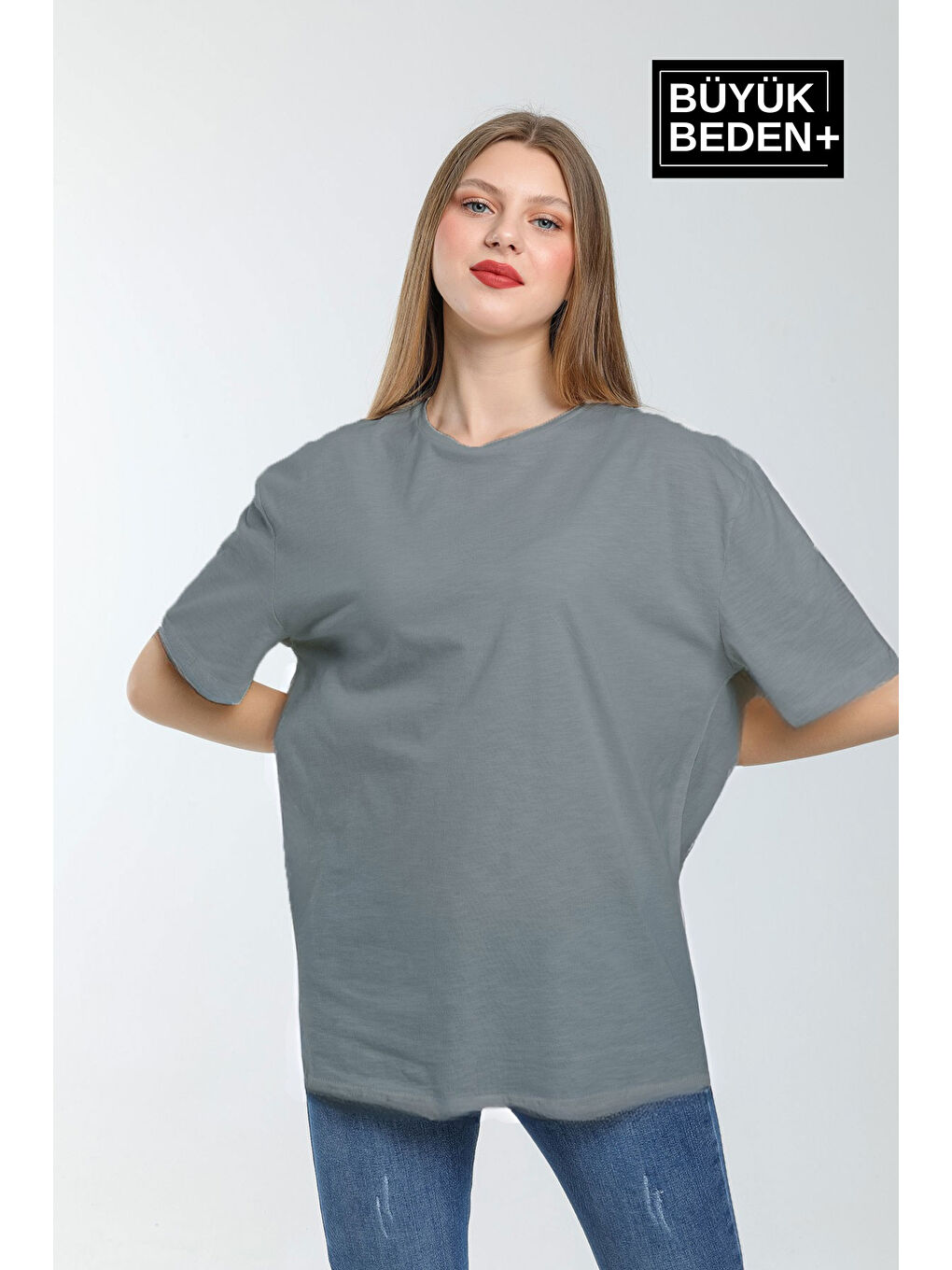Gri Kadın Büyük Beden Bisiklet Yaka Tshırt SPR25BTSK10