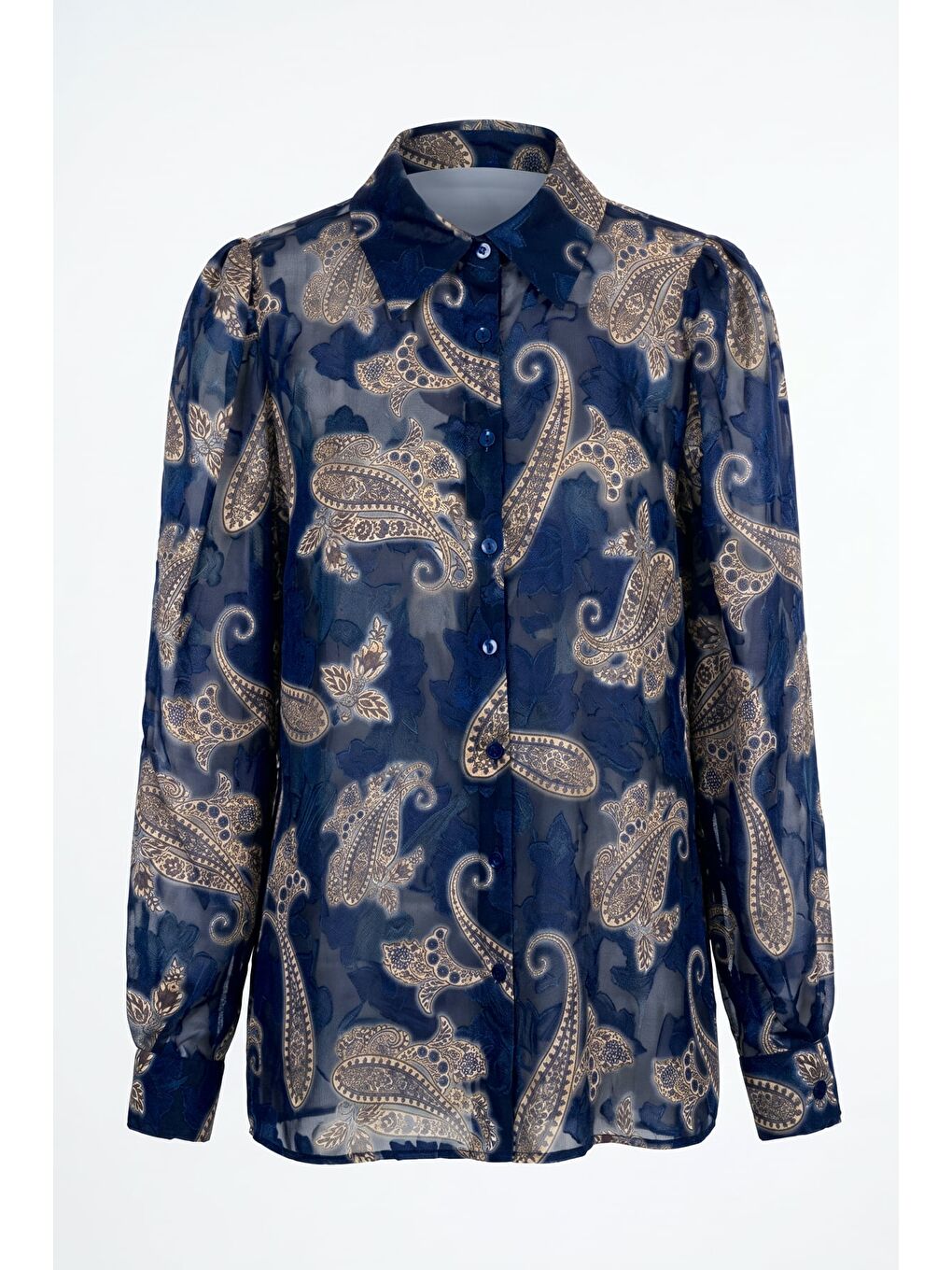 Şal Desen Kolu Büzgülü Gömlek - Lacivert-4