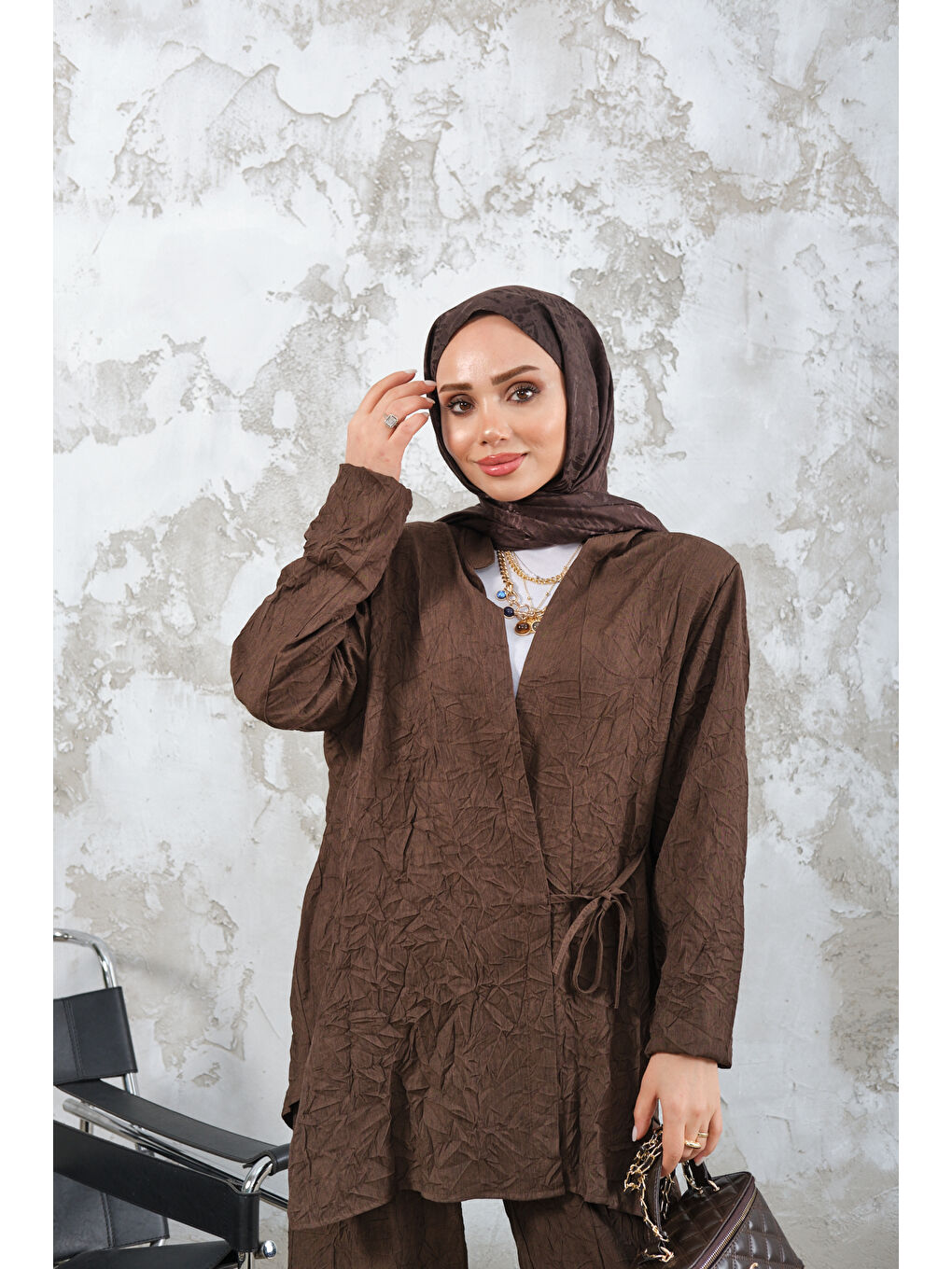 Kadın Kendinden Desenli Kimono Takım Kahverengi-3