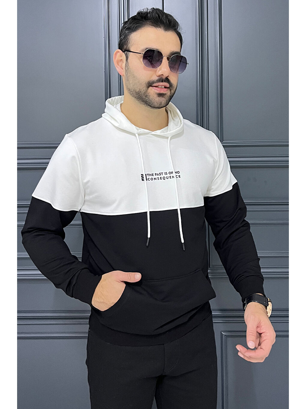 Mishar İtalia Beyaz Erkek Kapüşonlu Baskılı Renk Granili Sweatshirt