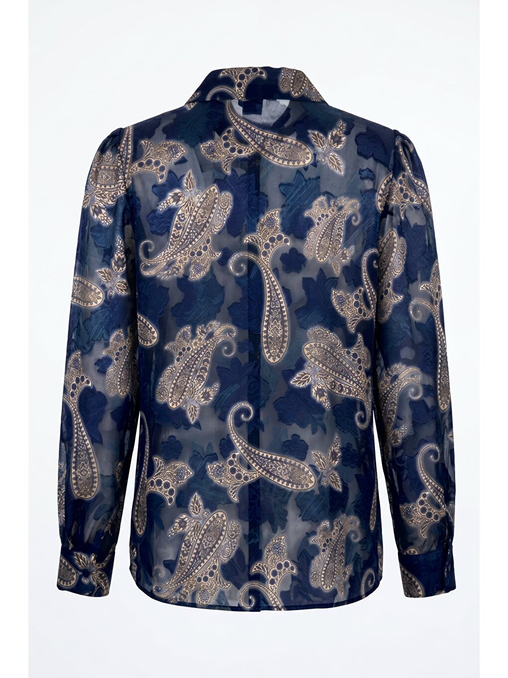 Şal Desen Kolu Büzgülü Gömlek - Lacivert-5