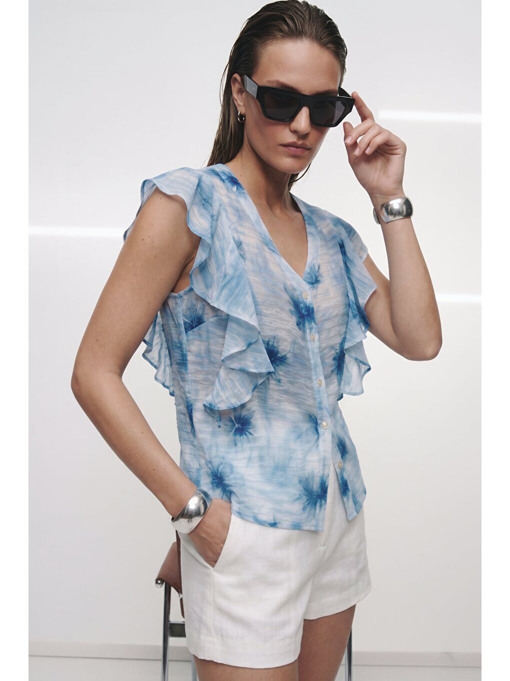 Fırfır Detaylı Gömlek - Mavi-2