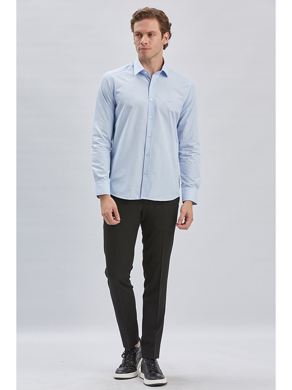 Koyu Mavi Uzun Kollu Bez Ayağı Sert Yaka Cepsiz Pamuklu Klasik Slim Fit Dar Kesim Gömlek 1004240230