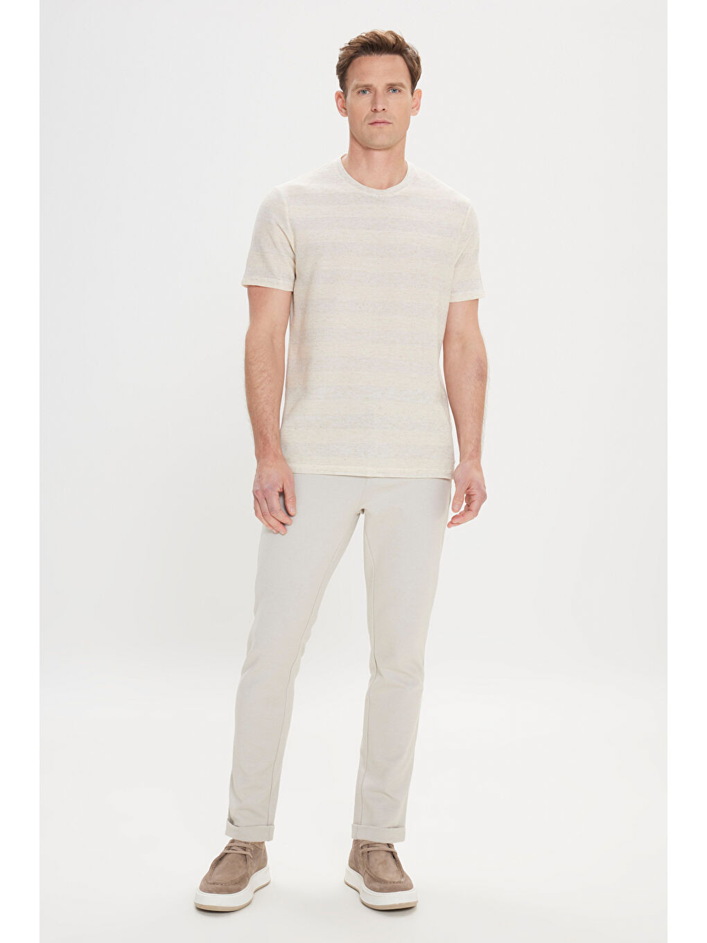 Erkek Bej-Ekru Keten Slim Fit Dar Kesim Bisiklet Yaka Çizgili Tişört-1