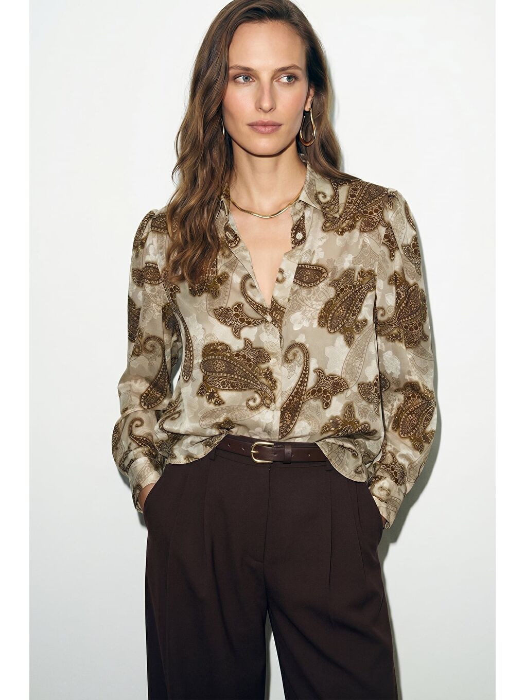 Şal Desen Kolu Büzgülü Gömlek - Bej