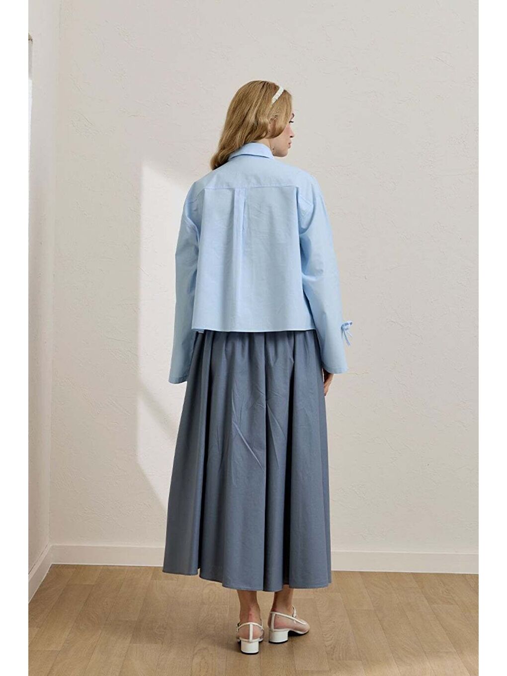 Soft Mavi Fiyonk Detay Crop Gömlek-2