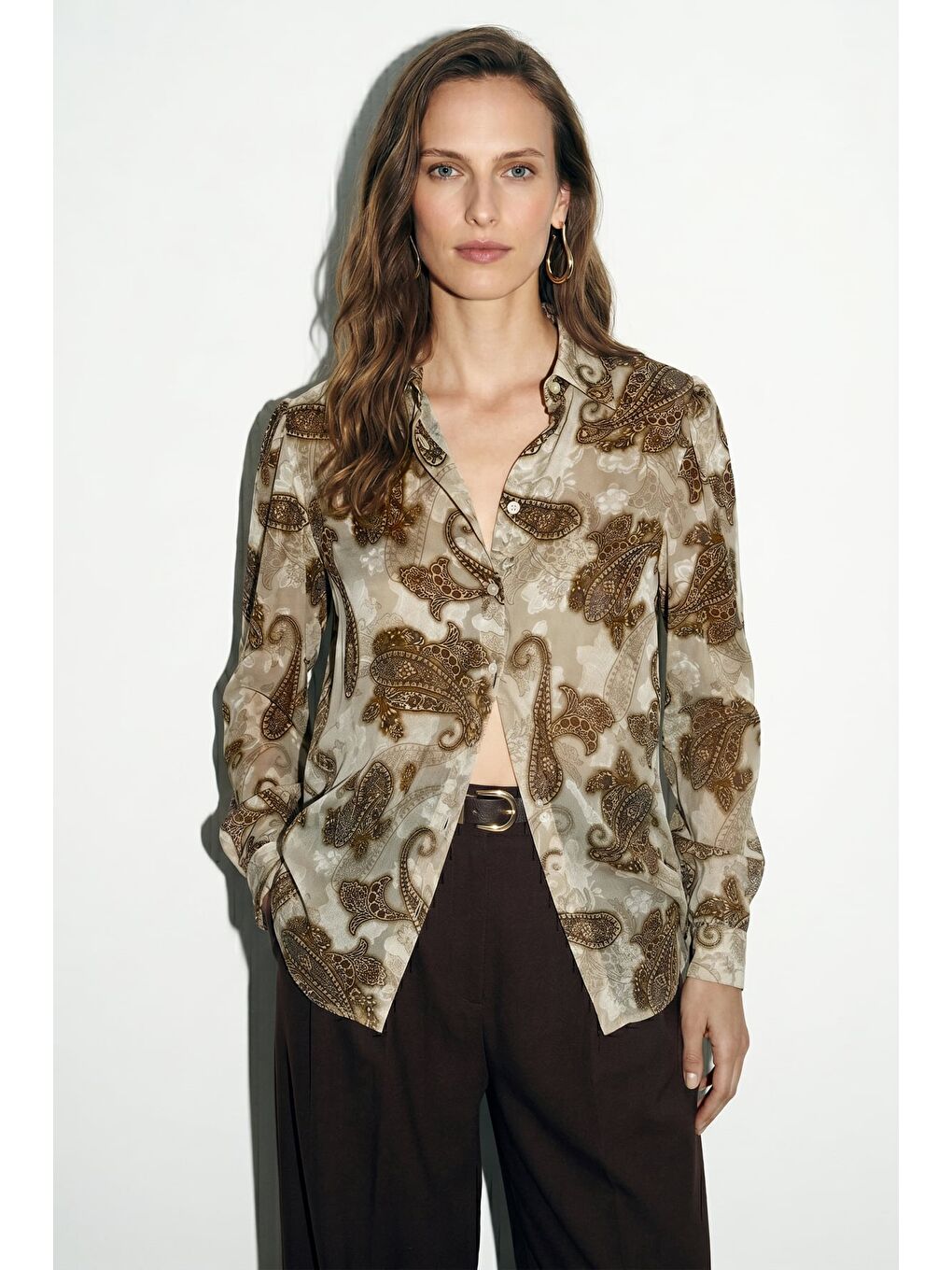 Şal Desen Kolu Büzgülü Gömlek - Bej-2