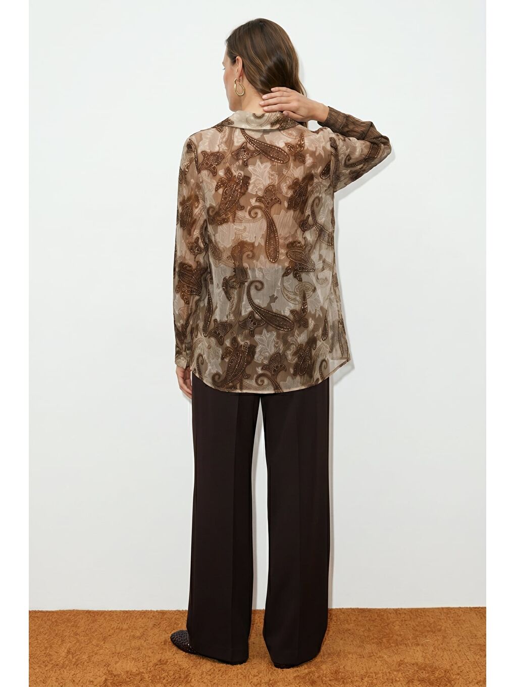 Şal Desen Kolu Büzgülü Gömlek - Bej-4