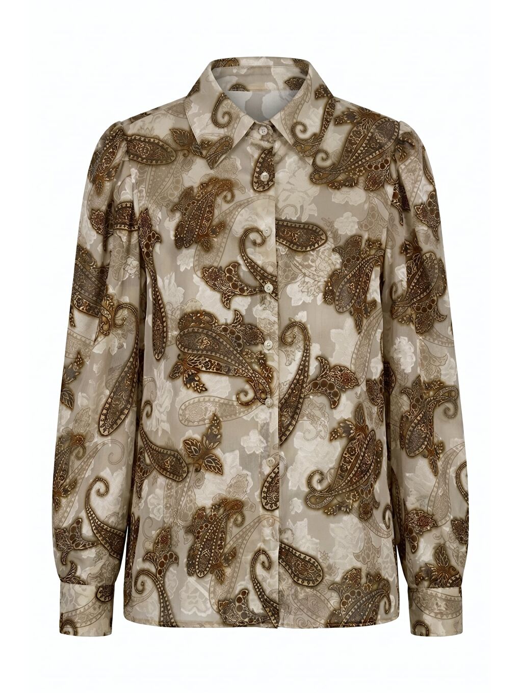 Şal Desen Kolu Büzgülü Gömlek - Bej-5