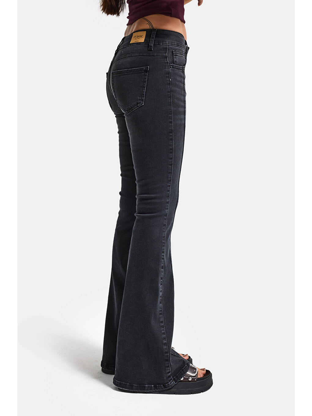 Gri Kadın Füme 2s6-1 Mid Rise Flare Fit Kemer Detaylı Esnek Kumaş Denim Jean-6