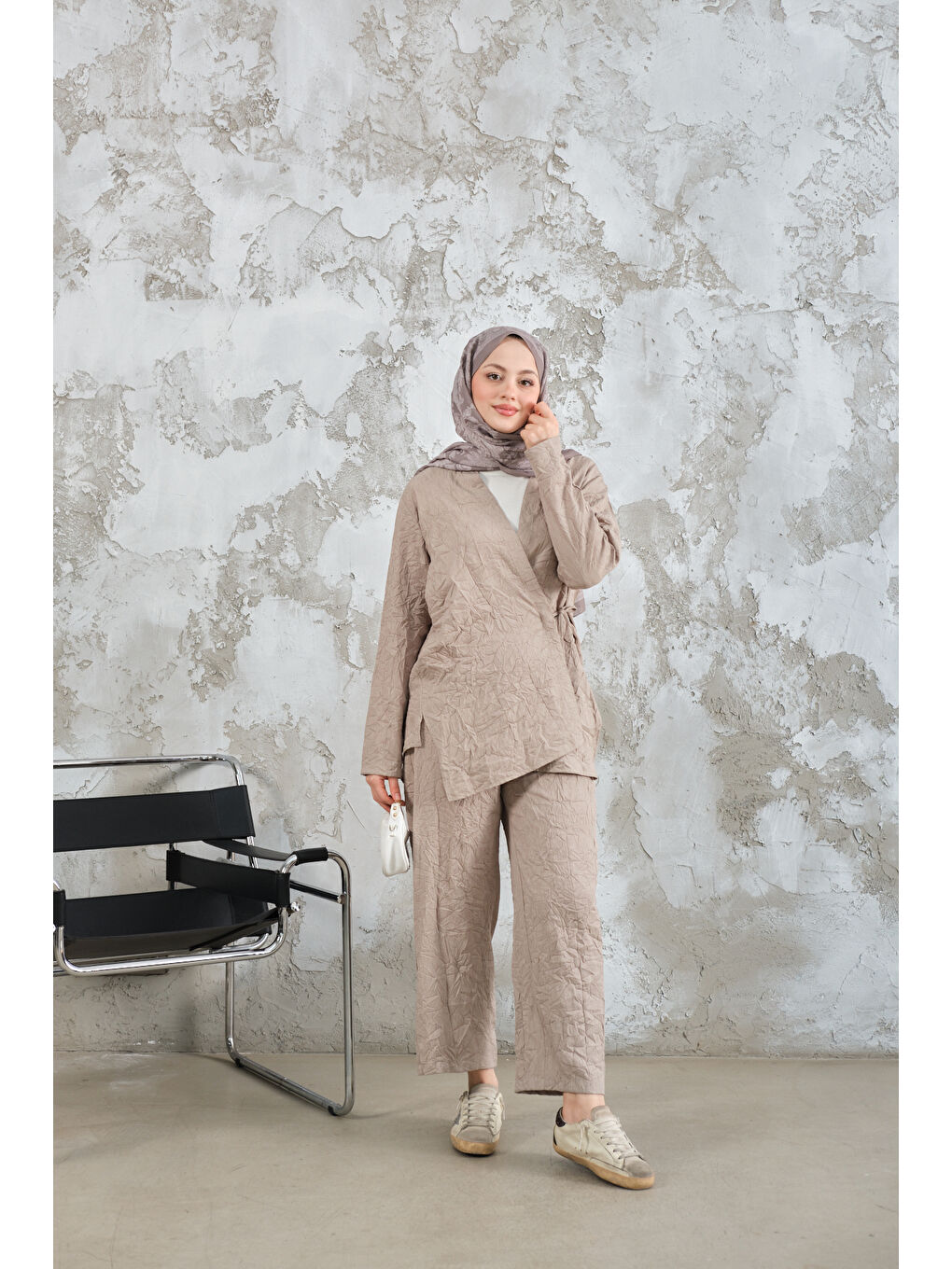 Bej Kadın Kendinden Desenli Kimono Takım Taş-1