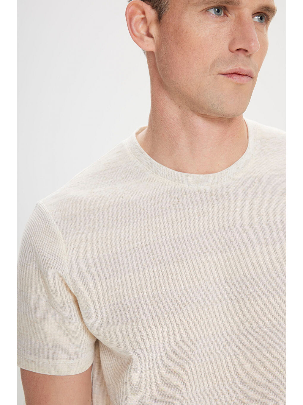 Erkek Bej-Ekru Keten Slim Fit Dar Kesim Bisiklet Yaka Çizgili Tişört-3